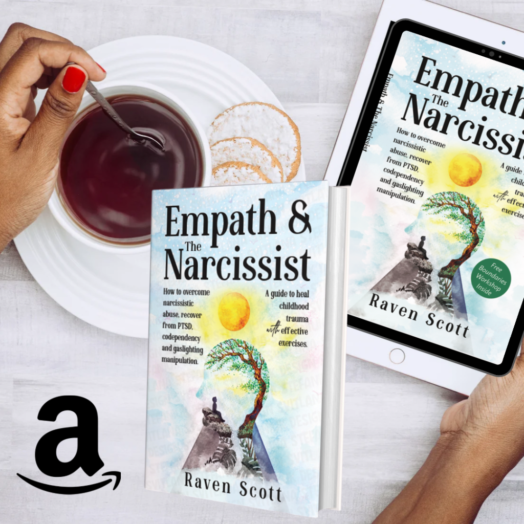 Background is white table with a cup of coffee on a saucer with cookies on it and a hand stirring coffee, and other hand holding a kindle with book displayed "Empath and the Narcissist how to overcome narcissitic abuse, recover from PTSD, codependency, and gaslighting manipulation. A guide to heal childhood trauma with effective exercises. by Raven Scott"