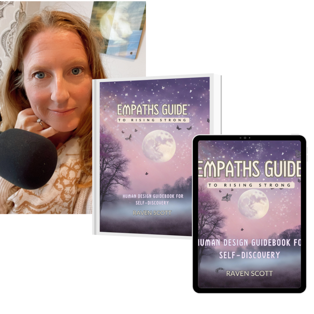 image of Raven behind microphone, image of paperback of empaths guide to rising strong and ipad kindle of empaths guide to rising strong