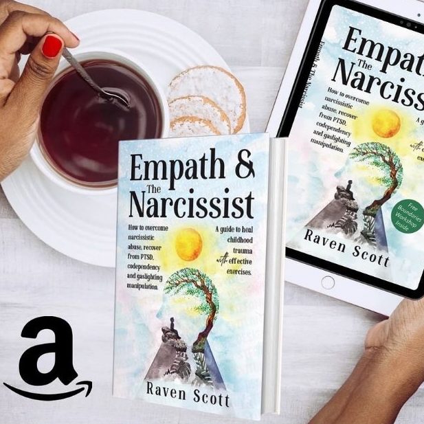 image of book and woman holding kindle while stirring cup of coffee with image of book Text title Empath & the Narcissist image of Raven, text Get your chart read by Raven to understand your Energy Frequency