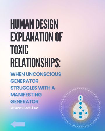 human design toxic relationship generator manifesting generators text on top of purple gradient with human design mandala and chart image