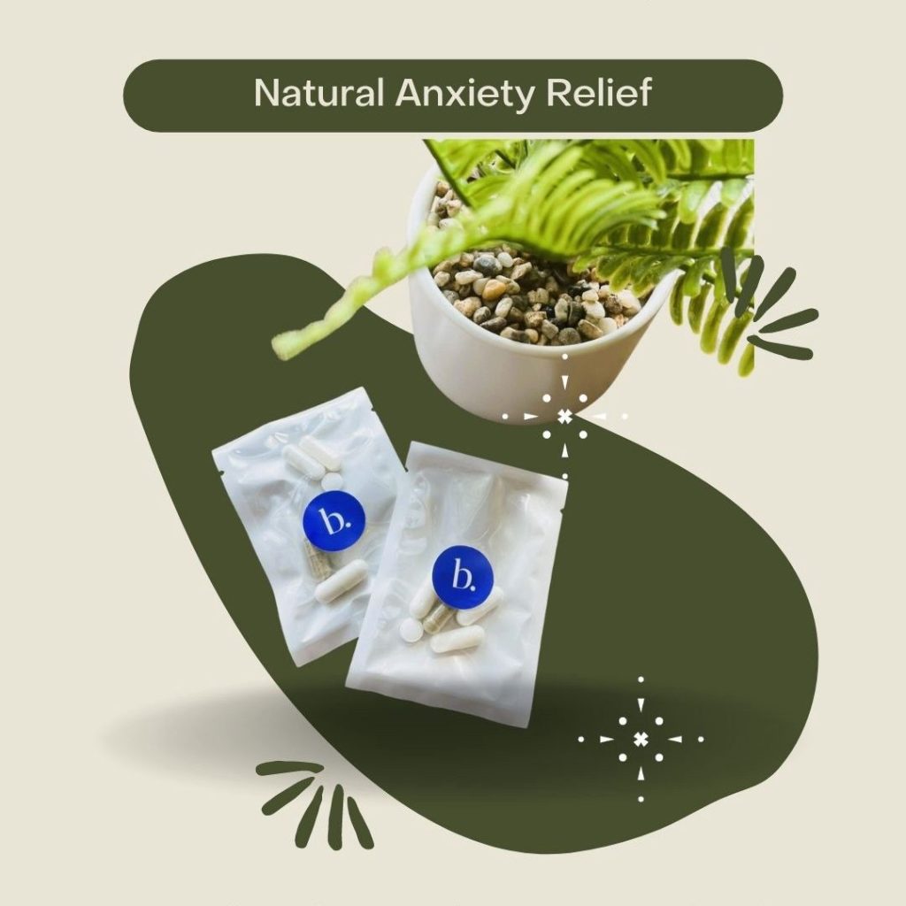 plant in pot and vitamin pill packets Bekome text "natural anxiety relief"
