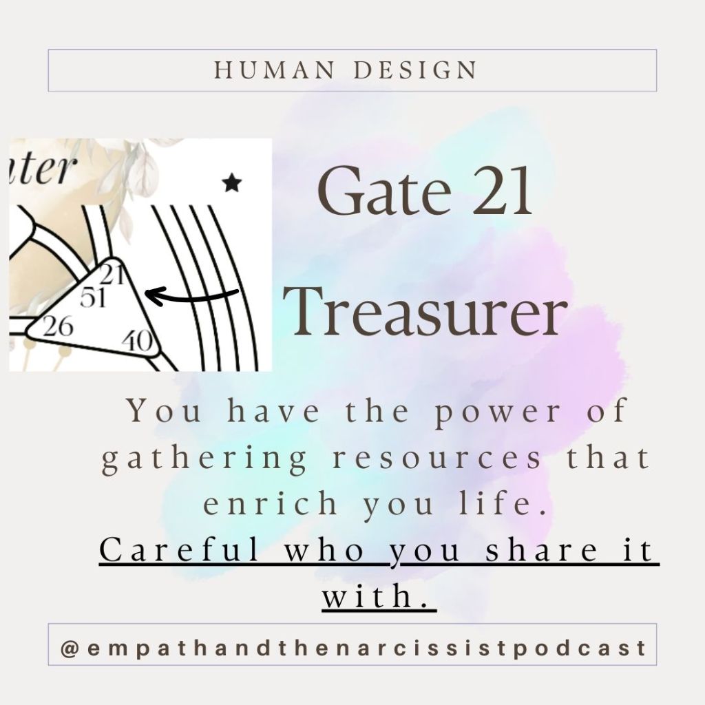 An image with text overlay related to Human Design. The text reads: "Human Design Gate 21 Treasurer: You have the power of gathering resources that enrich your life. Careful who you share it with." At the bottom, there's a handle: "@empathandthenarcissistpodcast". The background consists of watercolor-like splashes in various colors.