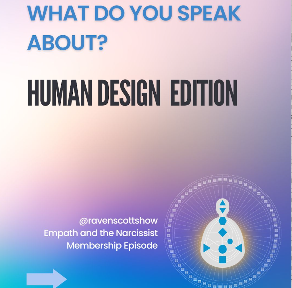 The image is a promotional poster or advertisement for a podcast episode. It features text that reads: "WHAT DO YOU SPEAK ABOUT? HUMAN DESIGN EDITION" with additional text below mentioning the podcast "@ravenscottshow Empath and the Narcissist Membership Episode." The background has a gradient with a geometric design, and there's an arrow pointing to the right.