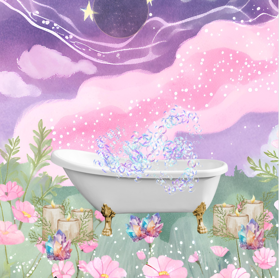 Purple and pink starry sky bath tub sitting on grass in rose garden with cosmos in the sky with purple incense smoke, bubbles candles and rainbow crystal gems at the feet of the ball and claw foot bath tub. 